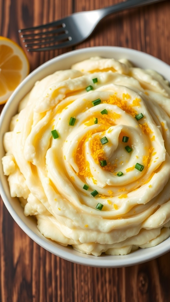 Creamy mashed potatoes with lemon zest, garnished with chives, on a rustic wooden table.